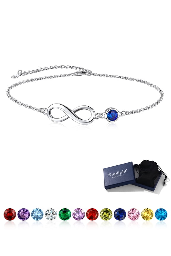 925 Stelring Silver Infinity Birthstone Anklet, Dainty Foot Chain Crytal Anklet Bracelets for Women