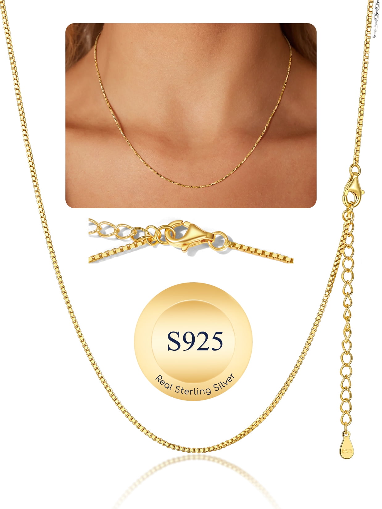 Suplight 925 Sterling Silver Women Necklace Box Chain for Women 1mm 18"22"26"30" Slim Chain Jewelry Gift