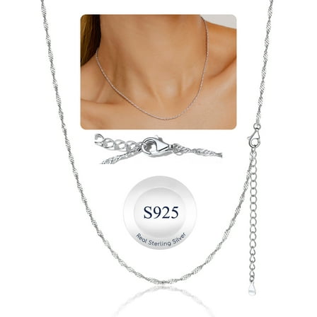 Suplight 925 Sterling Silver Women Necklace Waterwave Chain for Women 2mm 18"22" Slim Chain Jewelry Gift