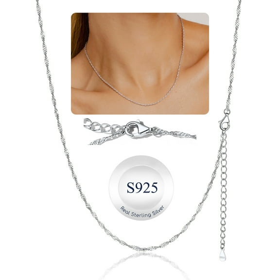 Suplight 925 Sterling Silver Women Necklace Waterwave Chain for Women 2mm 18"22" Slim Chain Jewelry Gift