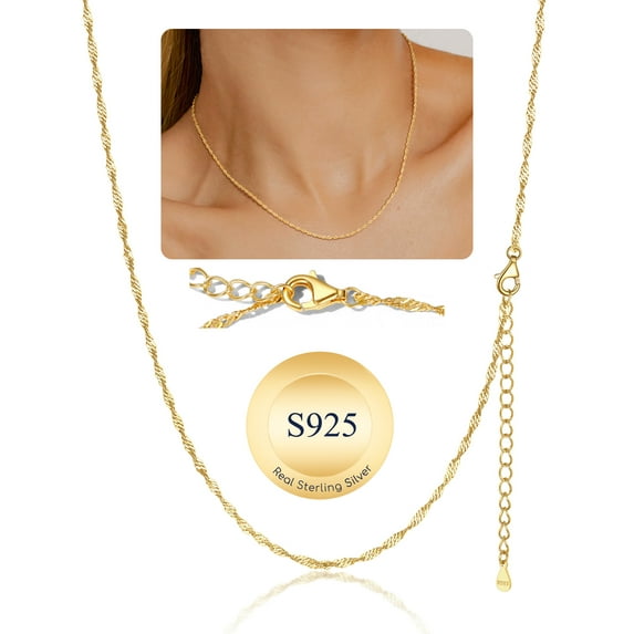 Suplight 925 Sterling Silver Women Necklace Waterwave Chain for Women 2mm 18"22" Slim Chain Jewelry Gift