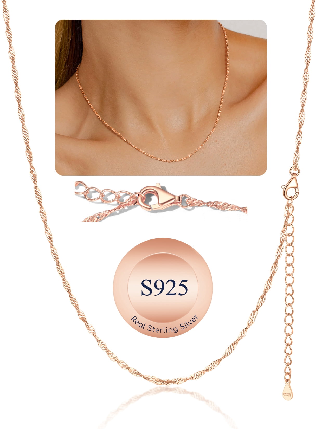 Suplight 925 Sterling Silver Women Necklace Waterwave Chain for Women 2mm 18"22" Slim Chain Jewelry Gift
