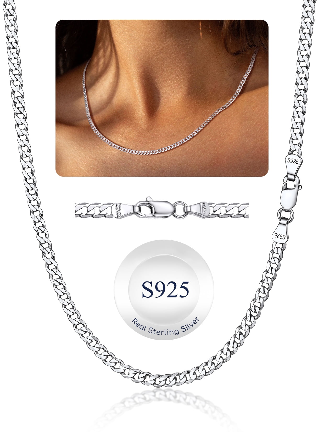 Suplight Solid 925 Sterling Silver Chain Necklace 3mm Flat Curb Cuban Link Chain Jewelry Gift for Men Women