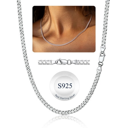 Suplight Solid 925 Sterling Silver Chain Necklace 3mm Flat Curb Cuban Link Chain Jewelry Gift for Men Women
