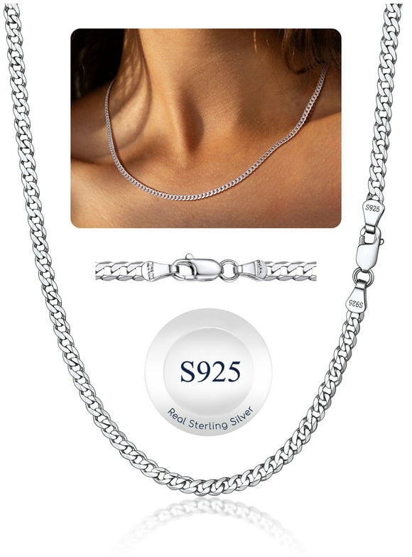 Solid 925 Sterling Silver Chain Necklace 3mm Flat Curb Cuban Link Chain Jewelry Gift for Men Women