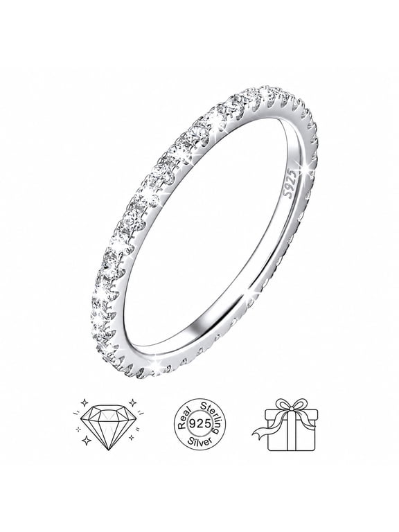 925 Sterling Silver Band Rings for Women, Sparkling Cubic Zirconia 1.6mm Thin Stackable Eternity Engagement Wedding Band Ring Gemstone Jewelry Gift for Wife Anniversary Size 8