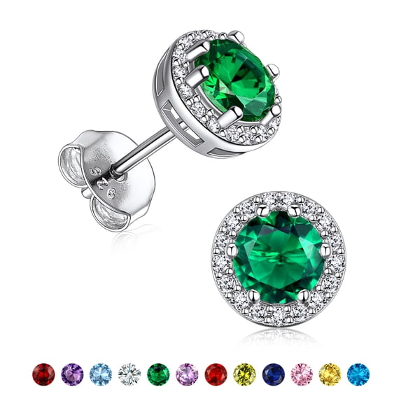 Suplight 925 Sterling Silver Women Birthstone Earrings Round Crystal Stud Earrings for Women