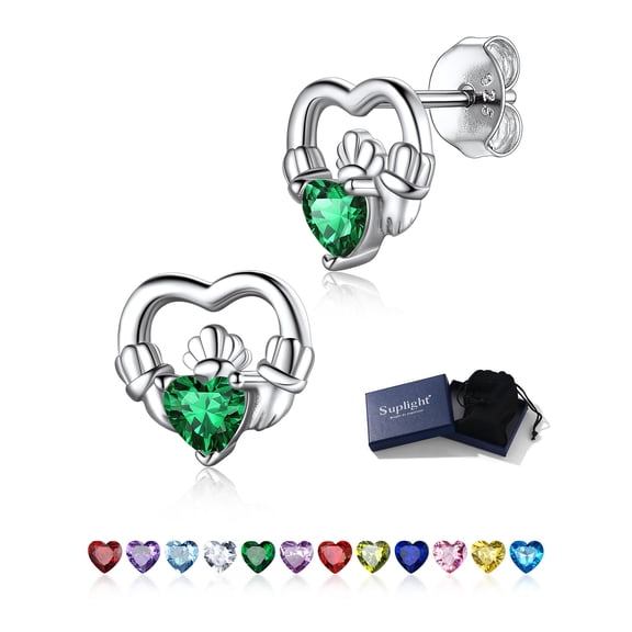 Suplight 925 Sterling Silver Birthstone Earrings for Women May Emerald Claddagh Irish Celtic Gemstone Heart Stud Earrings Cute Hypoallergenic Jewelry Gift for Mom Mothers Day Birthday