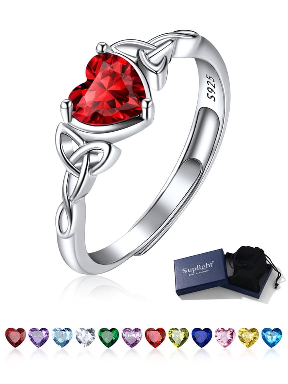 925 Sterling Silver Birthstone Rings for Women Celtic Knot Love Heart January Garnet Gemstone Adjustable Engagement Promise Ring Jewelry Gifts for Wife Anniversary Birthday