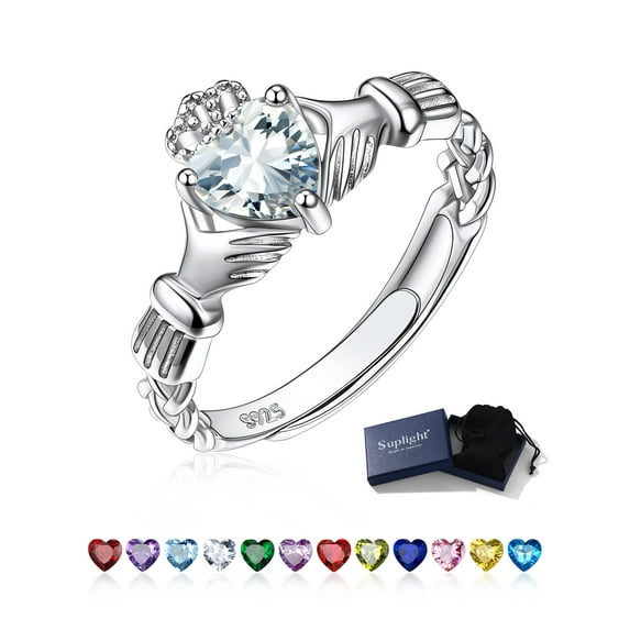 Suplight 925 Sterling Silver Claddagh Heart Birthstone Ring Promise Engagement Ring Irish Jewelry Gift for Women