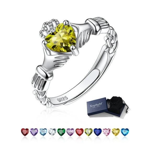 Suplight 925 Sterling Silver Claddagh Heart Birthstone Ring Promise Engagement Ring Irish Jewelry Gift for Women