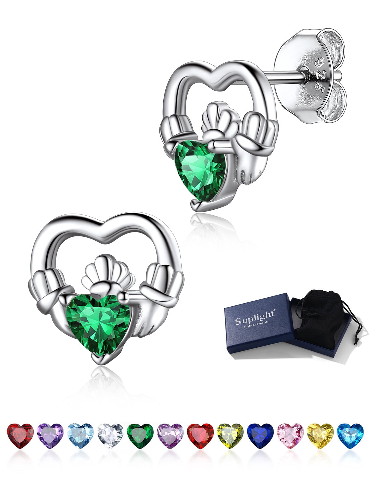 Suplight 925 Sterling Silver Claddagh Heart Earrings with Birthstone, Irish Celtic Jewelry for Women
