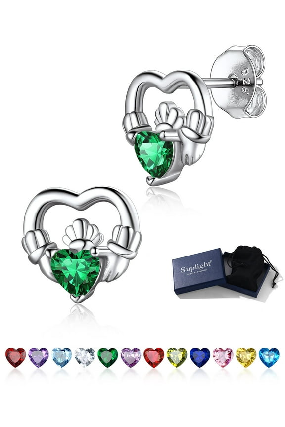 925 Sterling Silver Claddagh Heart Earrings with Birthstone, Irish Celtic Jewelry for Women