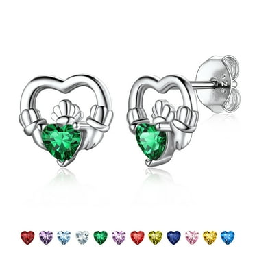 Suplight 925 Sterling Silver Claddagh Heart Earrings with Birthstone, Irish Celtic Jewelry for Women