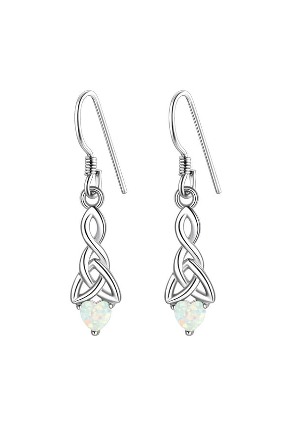 925 Sterling Silver Dainty Celtic Knot Heart Fire Opal Dangle Earrings, Irish Celtic Jewelry for Women