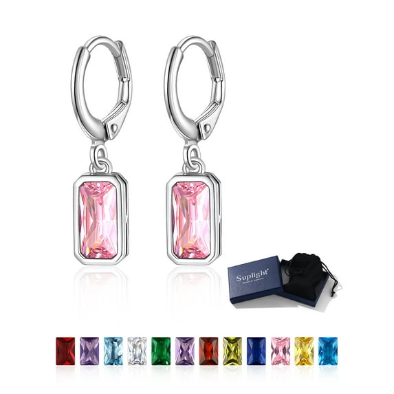 Suplight 925 Sterling Silver Emerald Cut Birthstone Hoop Dangle Earrings, Women Cubic Zirconia Crystal Drop Earrings