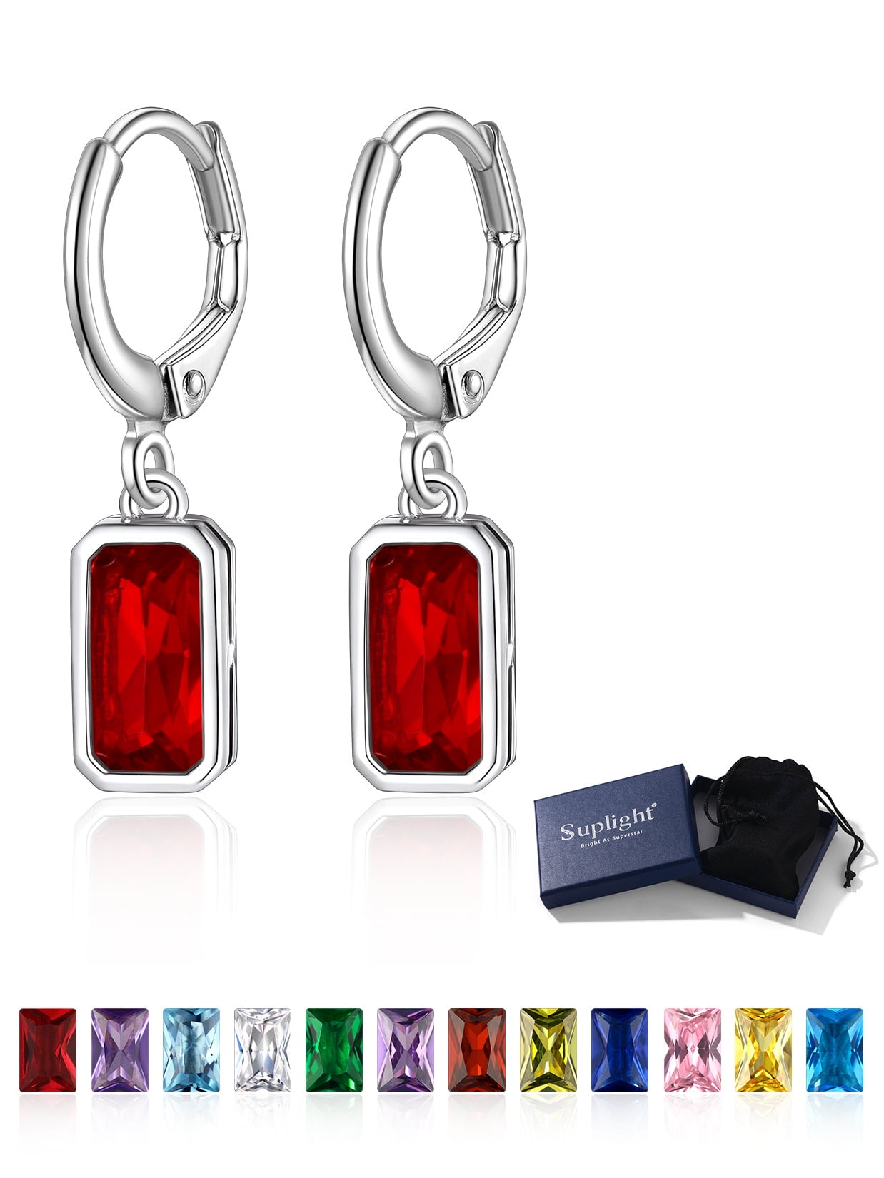 Suplight 925 Sterling Silver Emerald Cut Birthstone Hoop Dangle Earrings, Women Cubic Zirconia Crystal Drop Earrings