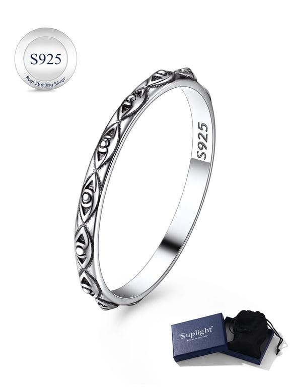925 Sterling Silver Evil Eye Band Ring, 2MM Thin Vintage Finger Thumb Ring for Women