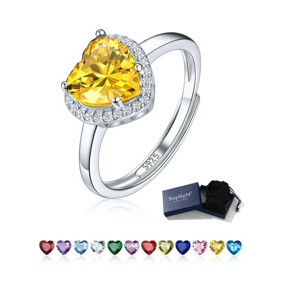 Suplight 925 Sterling Silver Heart Zircon Birthstone Ring Engagement Wedding Rings for Women