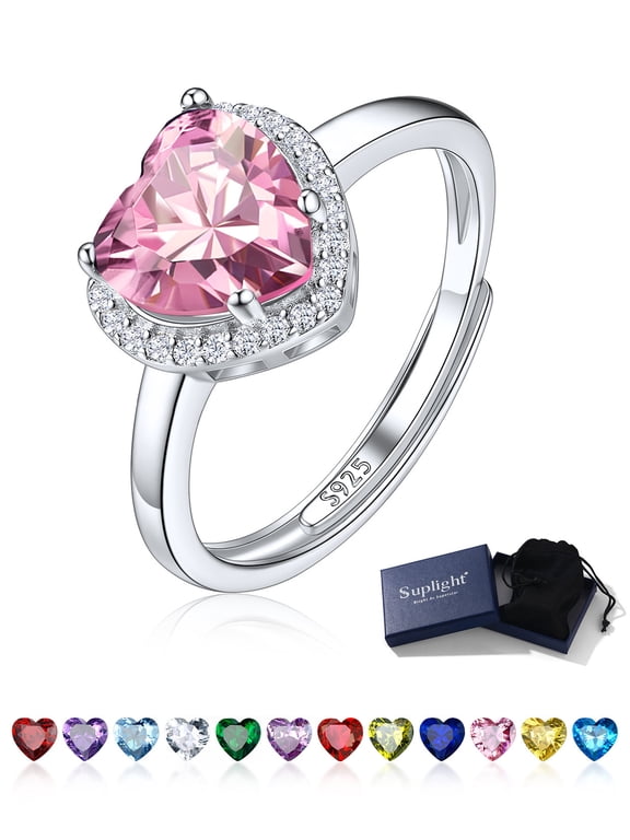 925 Sterling Silver Birthstone Rings for Women Cubic Zircon Love Heart October Pink Tourmaline Gemstone Adjustable Engagement Ring Jewelry Gifts for Wife Anniversary Birthday