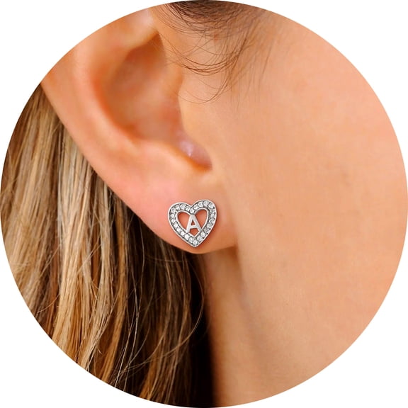 Suplight 925 Sterling Silver Heart Initial Earrings CZ Letter Stud Earrings for Women Jewelry Gift
