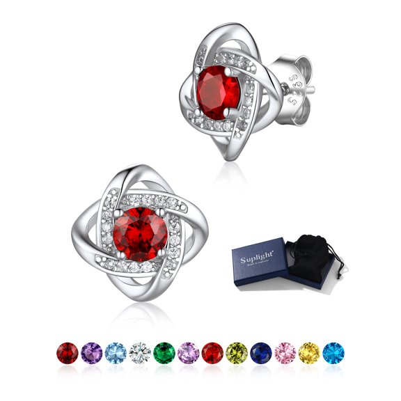 Suplight 925 Sterling Silver Quadrangle Love Shape Knot Sparkle Round Cut Birthstone Stud Earrings for Women Gifts