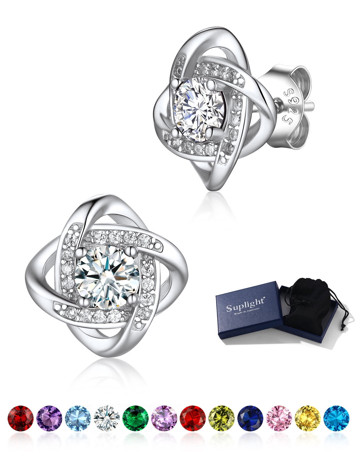Suplight 925 Sterling Silver Quadrangle Love Shape Knot Sparkle Round Cut Birthstone Stud Earrings for Women Gifts
