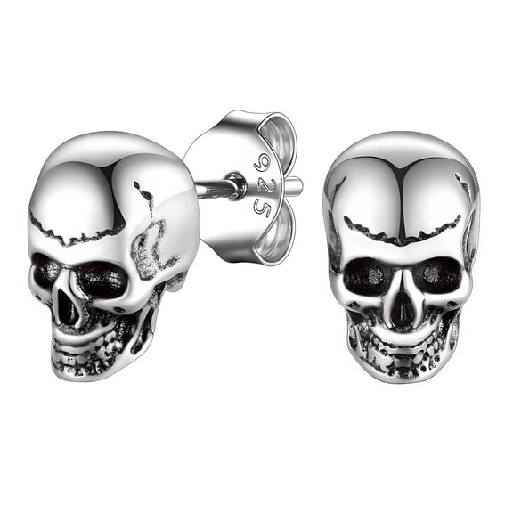 Suplight 925 Sterling Silver Skeleton Skull Earrings, Vintage Gothic Biker Viking Halloween Earrings for Men Women