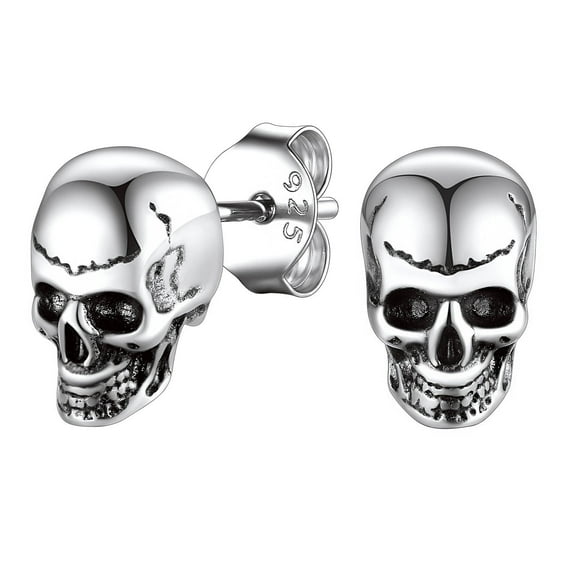 Suplight 925 Sterling Silver Skeleton Skull Earrings, Vintage Gothic Biker Viking Halloween Earrings for Men Women