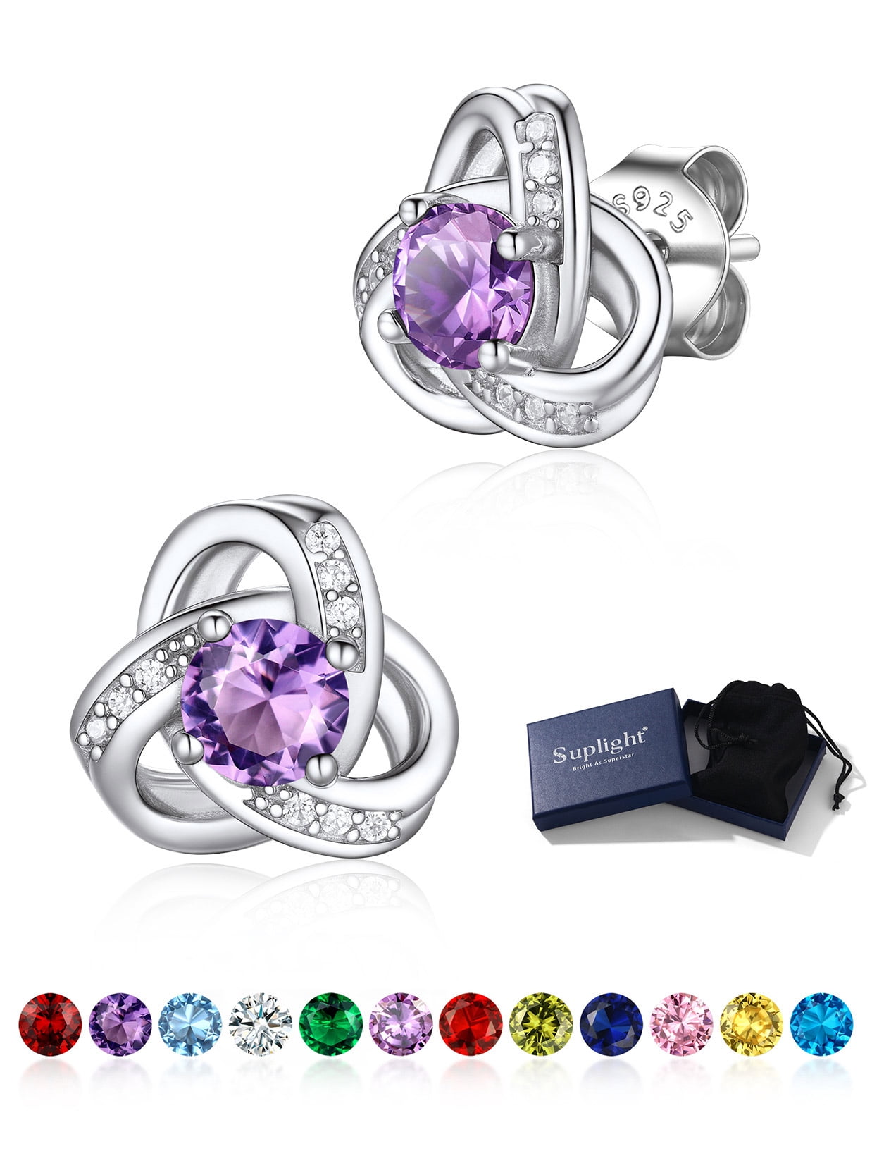 Suplight 925 Sterling Silver Love Shape Knot Birthstone Stud Earrings for Women Gifts Sparkle Round Cut