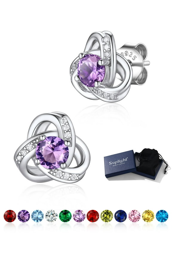 925 Sterling Silver Love Shape Knot Birthstone Stud Earrings for Women Gifts Sparkle Round Cut