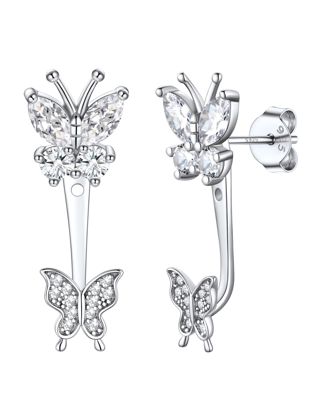Suplight 925 Sterling Silver White Zirconia EarringsJacket Butterfly Stud Earrings for Women