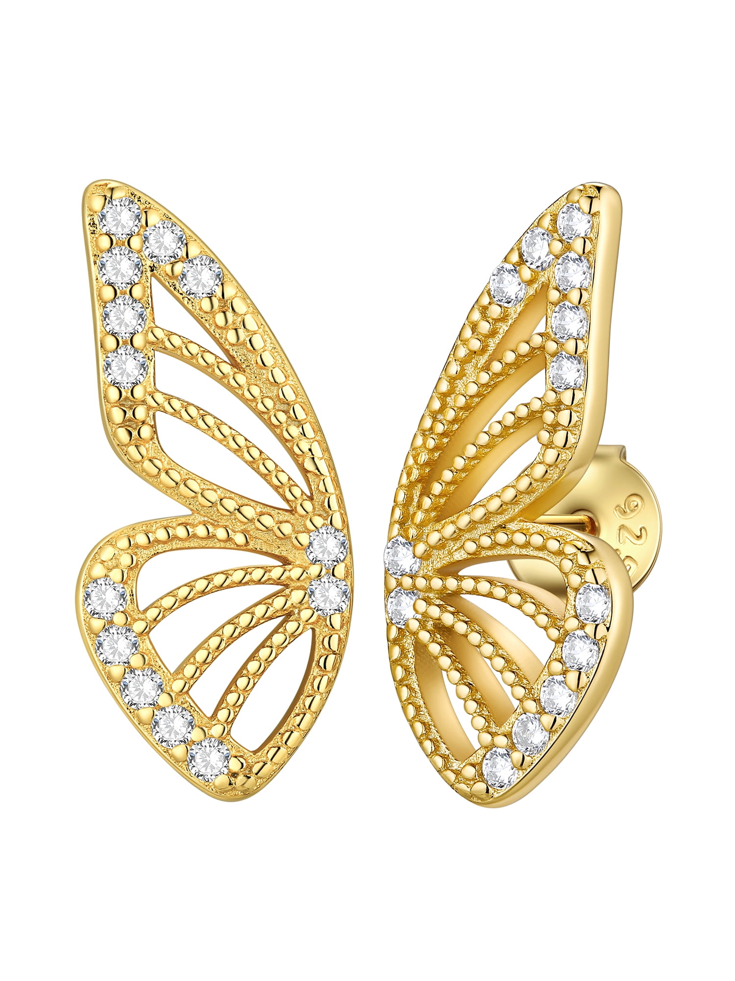 Suplight 925 Sterling Silver Zircon Edge Half Butterfly Stud Earrings, Dainty Butterfly Earrings for Women