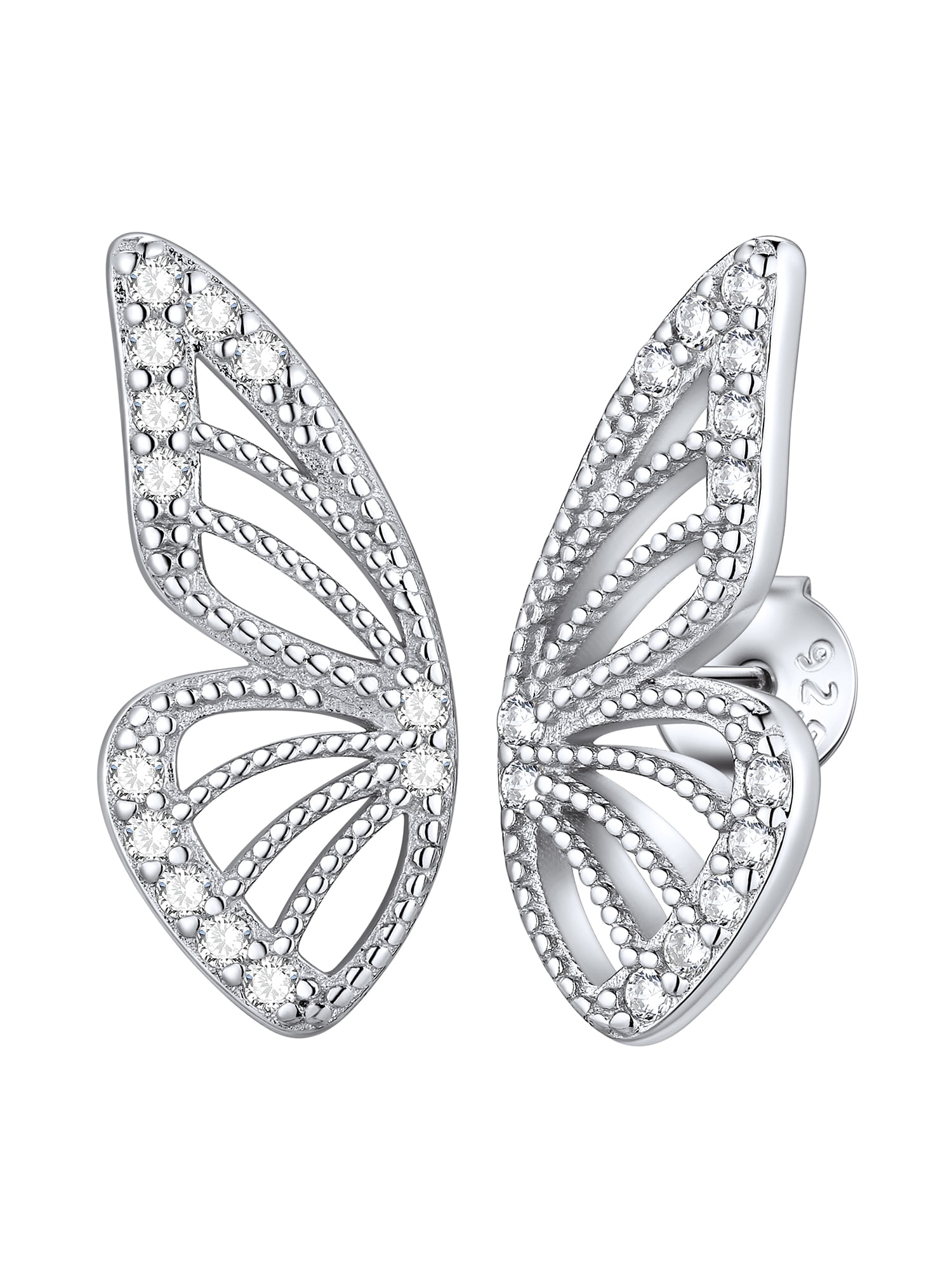 Suplight 925 Sterling Silver Zircon Edge Half Butterfly Stud Earrings, Dainty Butterfly Earrings for Women
