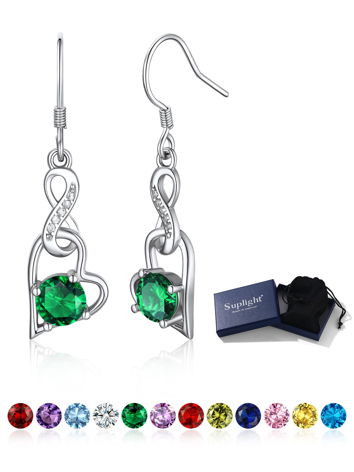 Suplight 925 Sterling Silver Birthstone Earrings for Women May Green Emerald Zircon Infinity Heart Interlocking Dangle Drop Earrings Jewelry Gifts for Mom Mothers Day