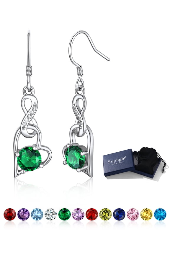 925 Sterling Silver Birthstone Earrings for Women May Green Emerald Zircon Infinity Heart Interlocking Dangle Drop Earrings Jewelry Gifts for Mom Mothers Day