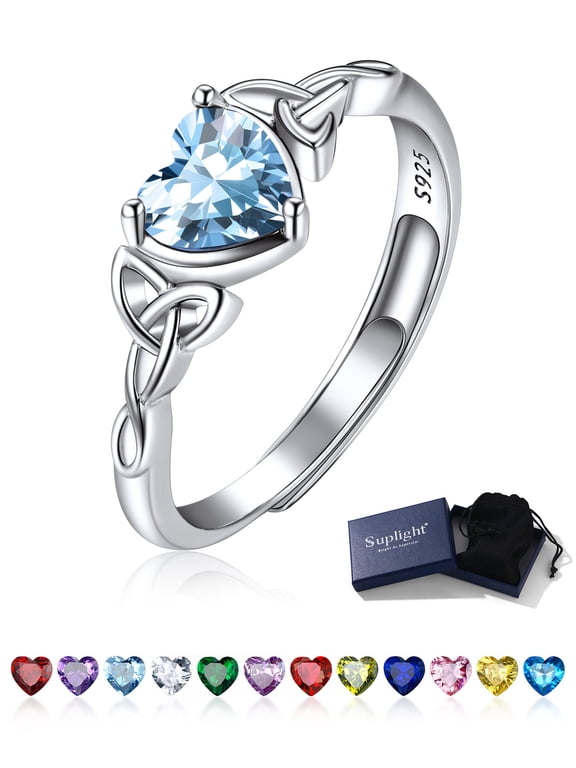 Birthstone Rings for Women 925 Sterling Silver Celtic Knot Love Heart March Aquamarine Gemstone Adjustable Wedding Promise Ring Jewelry Gifts for Girlfriend Valentine's Day Birthday