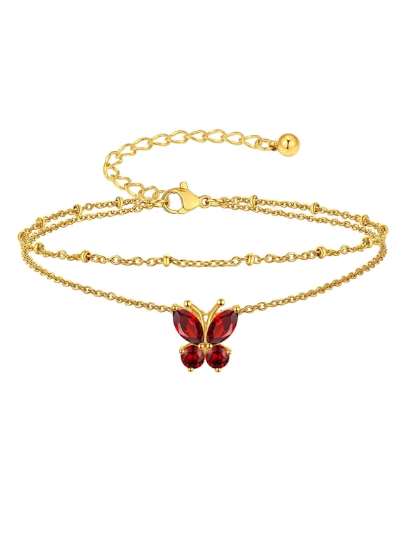 Butterfly Birthstone Anklets for Women Gold Plated Stainless Steel Dainty Layered January Red Garnet Foot Chain Adjustable Ankle Bracelets Beach Pool Jewelry Gifts for Wife Anniversary