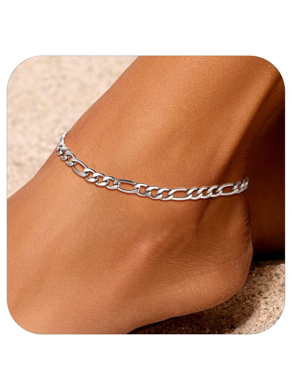 Figaro Link Chain Anklet Stainless Steel 18K Gold Plated Sturdy Waterproof Summer Beach Foot Chain for Women