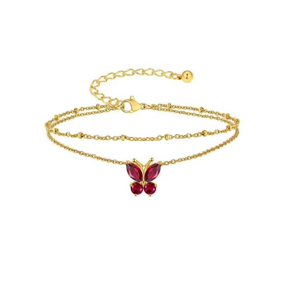 Suplight Layered Butterfly Birthstone Anklets for Women Gold Plated Stainless Steel Dainty Waterproof July Ruby Gemstone CZ Ankle Bracelets Beach Foot Jewelry Gifts for Daughter Graduation
