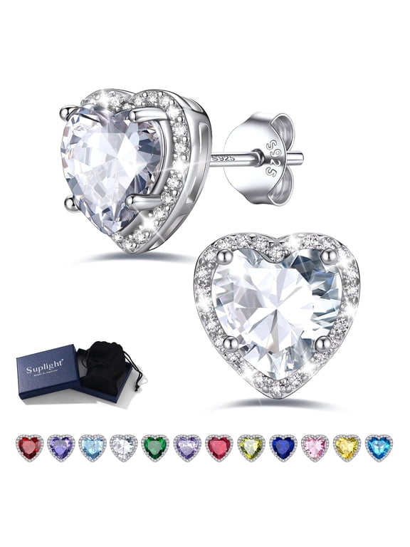 Heart Birthstone Earrings for Women 2ct April Crystal Gemstone Stud Earrings Dainty Hypoallergenic Jewelry Gift for Daughter Birthday Mothers Day