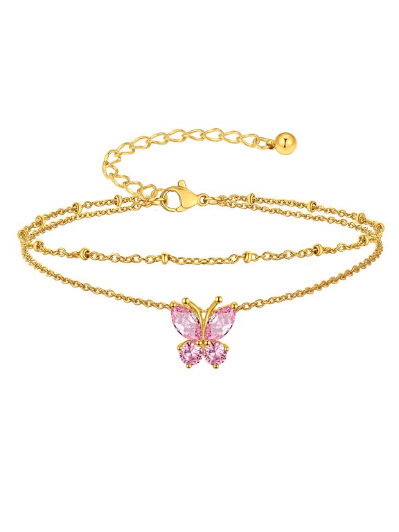 Layered Butterfly Birthstone Anklets for Women Gold Plated Stainless Steel Dainty Waterproof October Pink Tourmaline Ankle Bracelets Beach Foot Jewelry Gifts for Girlfriend Valentine's Day