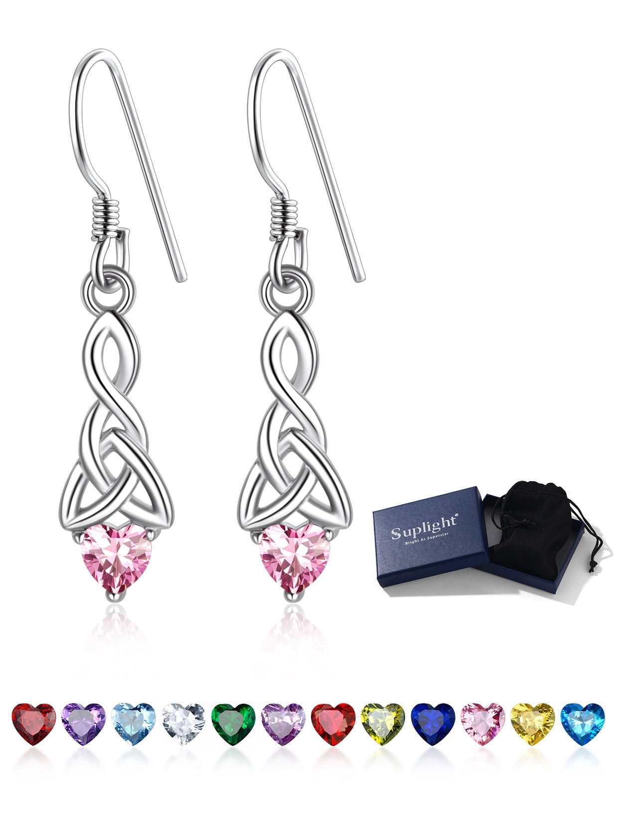 Suplight Silver Celtic Knot Heart Dangle Earrings with Birthstone, Irish Celtic Jewelry for Women