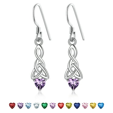 Suplight Silver Celtic Knot Heart Dangle Earrings with Birthstone, Irish Celtic Jewelry for Women