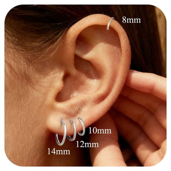 Suplight Silver Hoop Earrings for Women Men 8/10/12/14/16/18/20MM Small Huggie Hypoallergenic Nickel Free Christmas Jewelry Gift