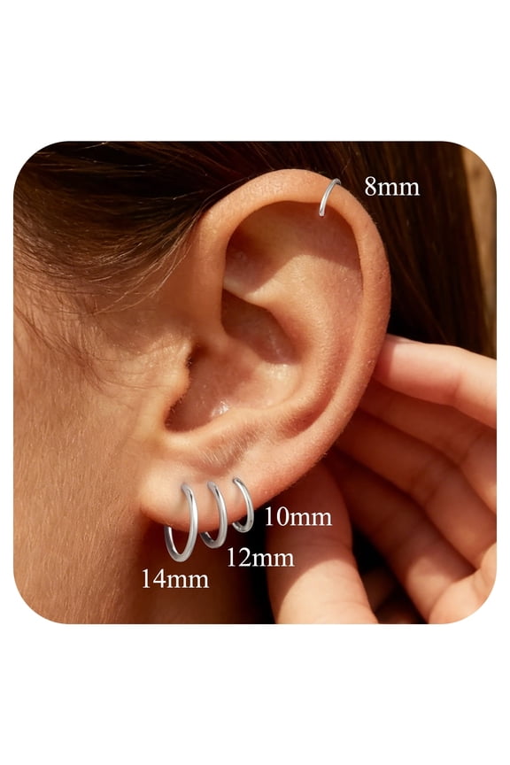 Silver Hoop Earrings for Women Men 8/10/12/14/16/18/20MM Small Huggie Hypoallergenic Nickel Free Christmas Jewelry Gift