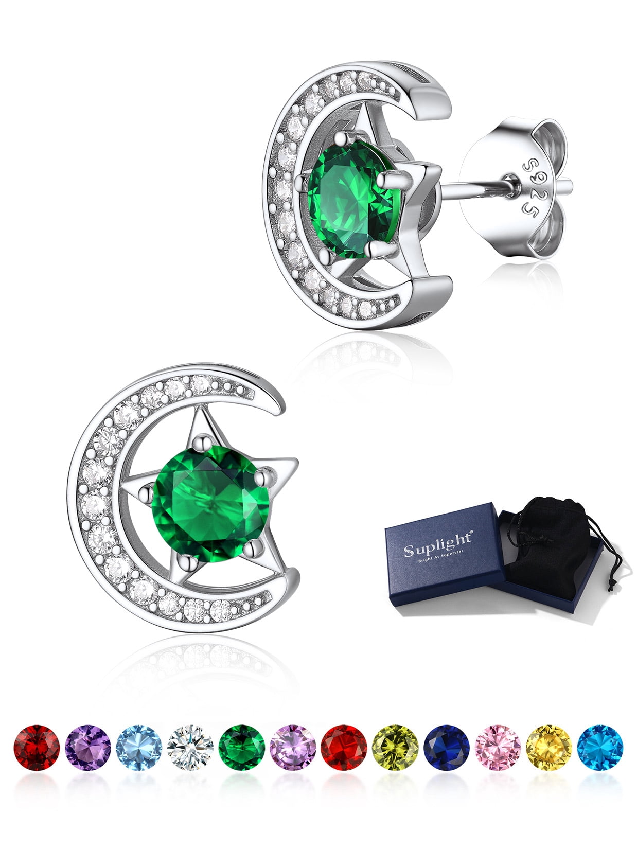 Suplight Sterling Silver Moon Star Earrings Cubic Zirconia Birthstone Jewelry Gift for Women