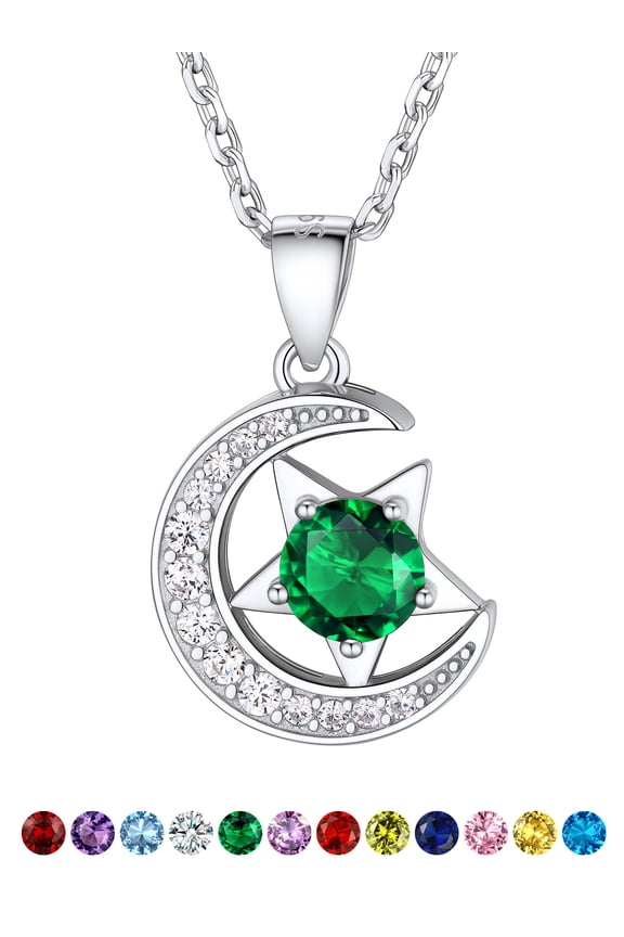 Sterling Silver Moon Star Women Necklace Cubic Zirconia Birthstone Jewelry Gift for Women