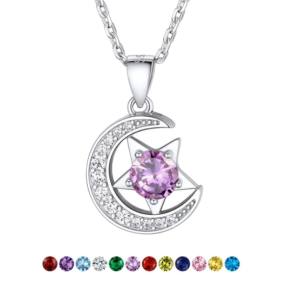 Suplight Sterling Silver Moon Star Women Necklace Cubic Zirconia Birthstone Jewelry Gift for Women