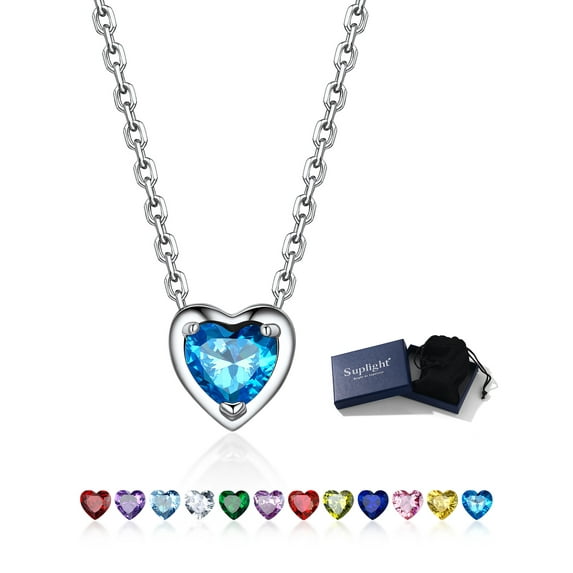 Suplight Silver Necklace for Women Gifts 925 Sterling Silver Birthstone Love Heart Necklace